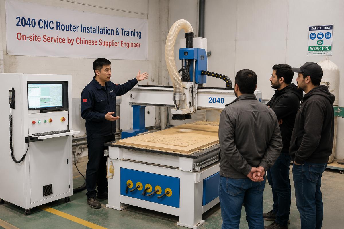 Chinese supplier engineer conducting on-site 2040 CNC router installation and training