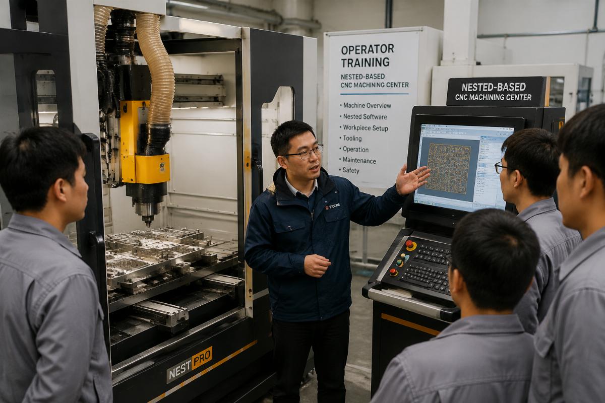 Engineer conducting on-site training for factory operators on a nested-based CNC machining center