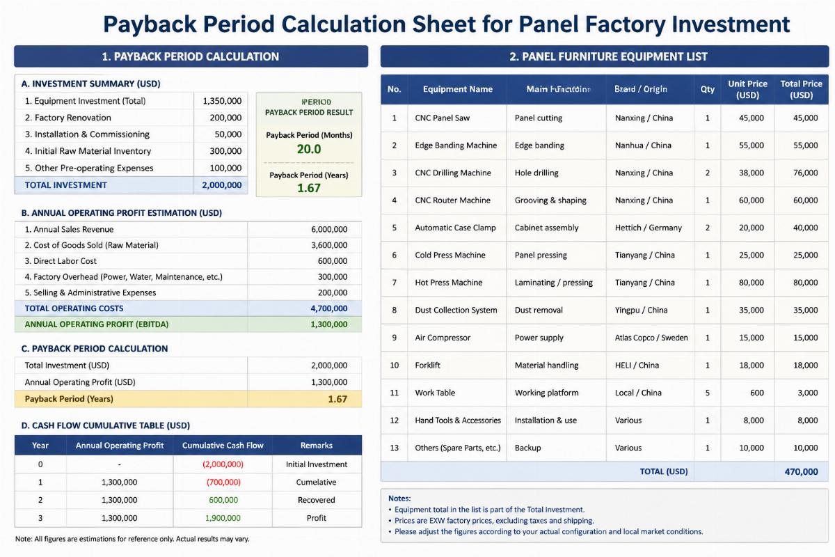 panel furniture equipment list Payback period calculation sheet for panel factory investment