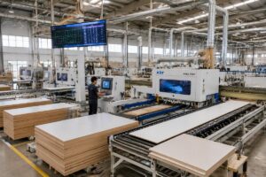 Mid-scale wardrobe factory production floor with automated nested-based panel processing line