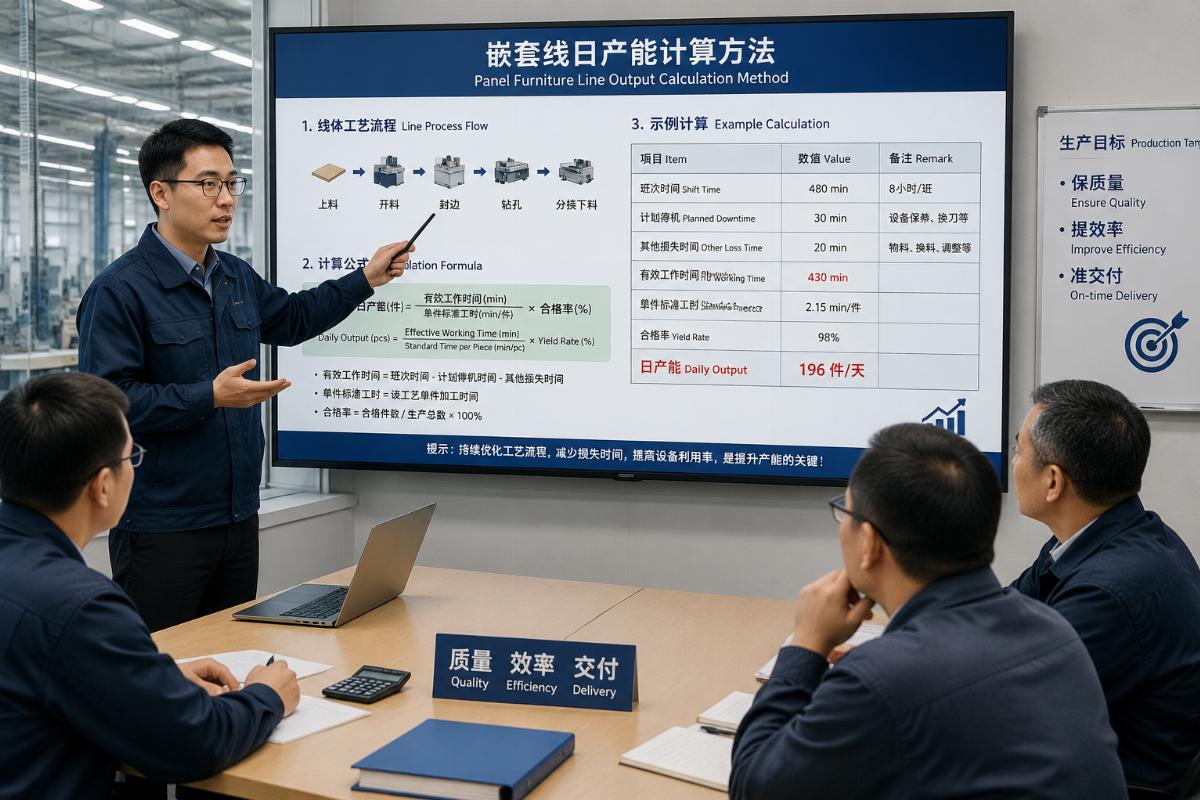 Panel furniture line output calculation method Engineer demonstrating daily output calculation for a nested panel line to factory managers