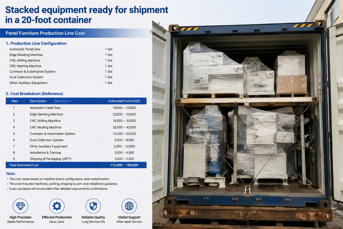 panel furniture production line cost Stacked equipment ready for shipment in a 20-foot container