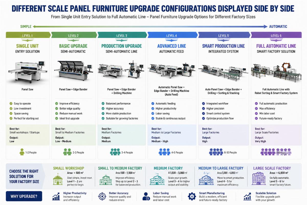 panel furniture upgrade options for different factory sizes Different scale panel furniture upgrade configurations displayed side by side, from single unit entry solution to full automatic line