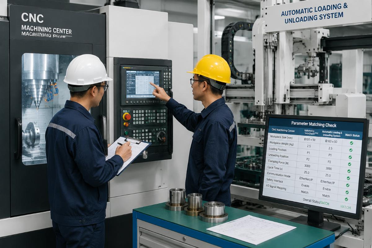Parameter matching check for CNC automation equipment Workers checking the parameter matching between a CNC machining center and its automatic loading and unloading system