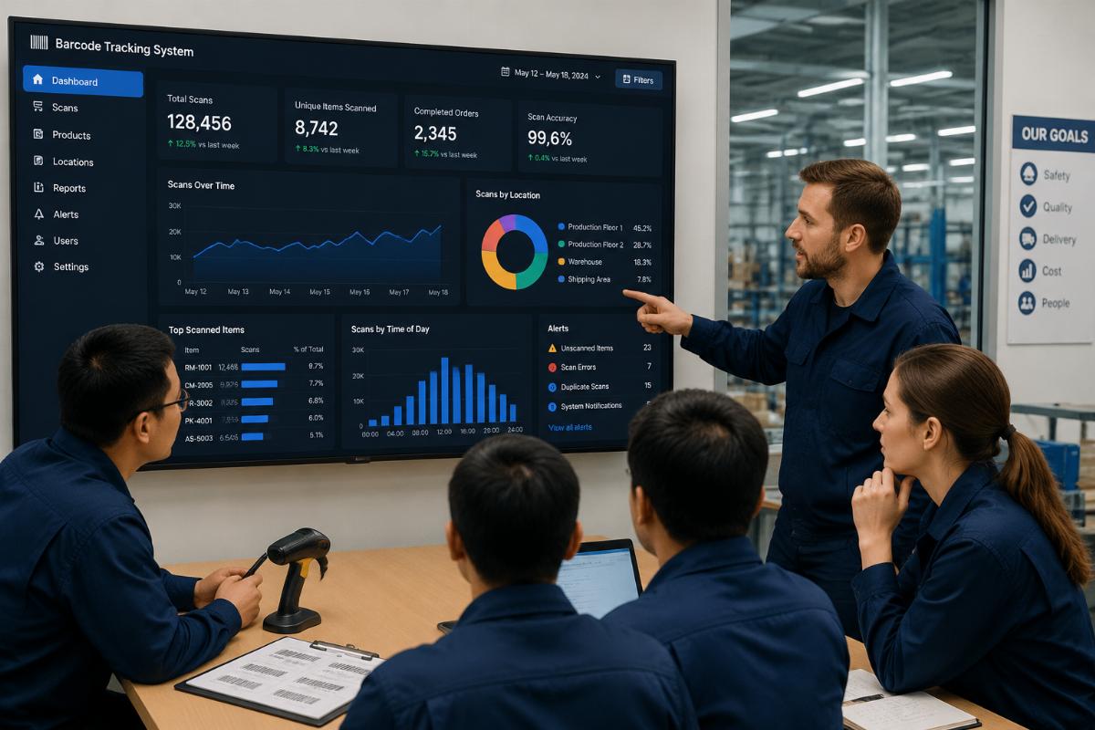 Production team reviewing data from barcode scanning system dashboard