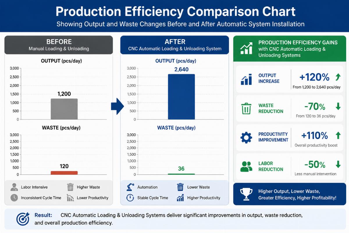 Production efficiency gains from CNC automatic loading and unloading systems Production efficiency comparison chart showing output and waste changes before and after automatic system installation