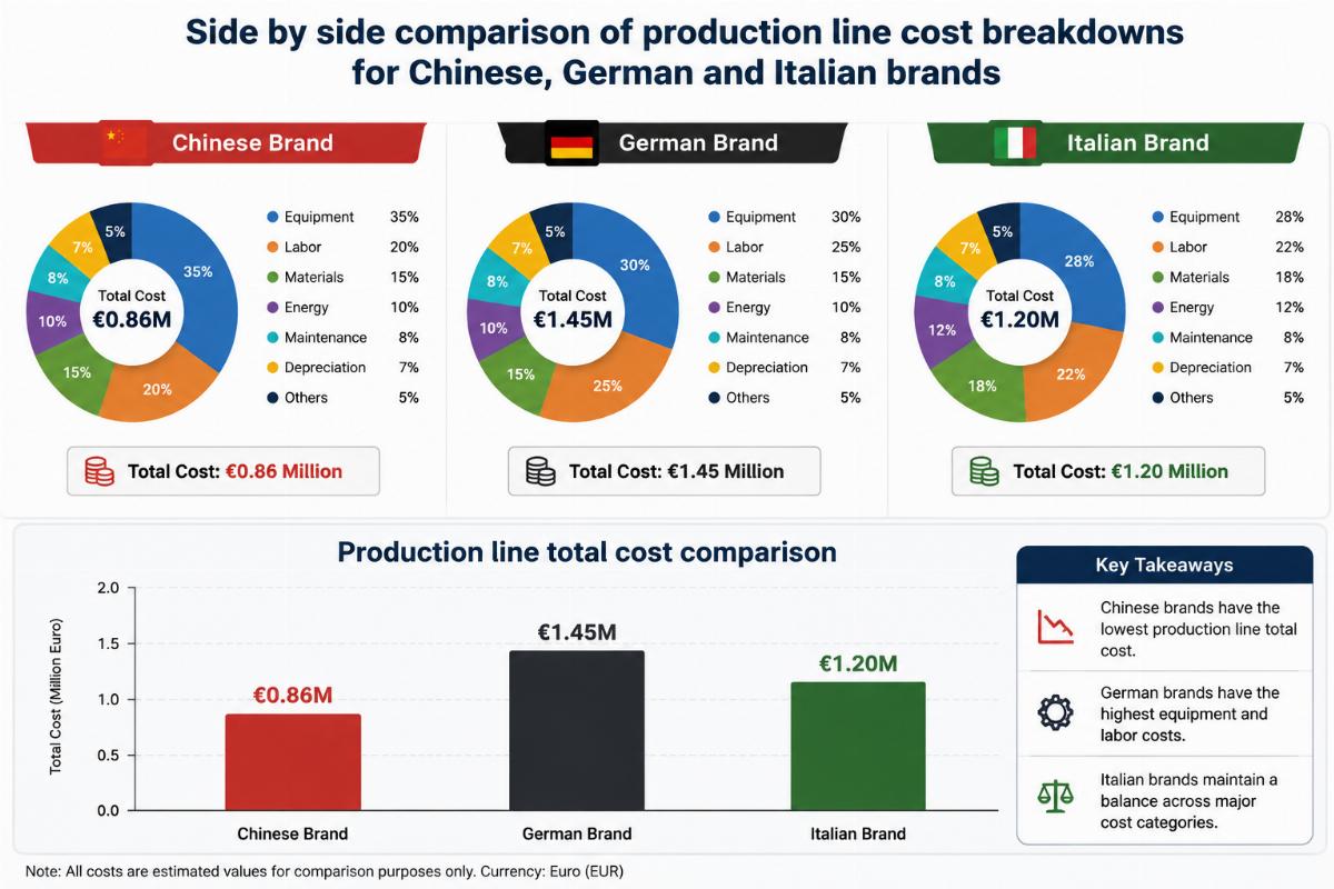 Production line total cost comparison Side by side comparison of production line cost breakdowns for Chinese, German and Italian brands