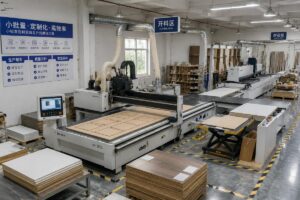 A compact custom furniture production line running nested cutting operations in a 300 square meter workshop