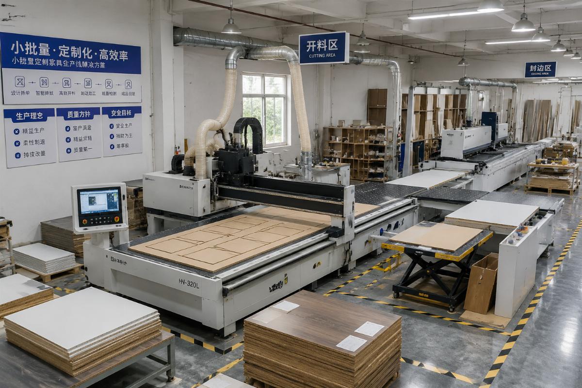 small batch custom furniture production line setup A compact custom furniture production line running nested cutting operations in a 300 square meter workshop