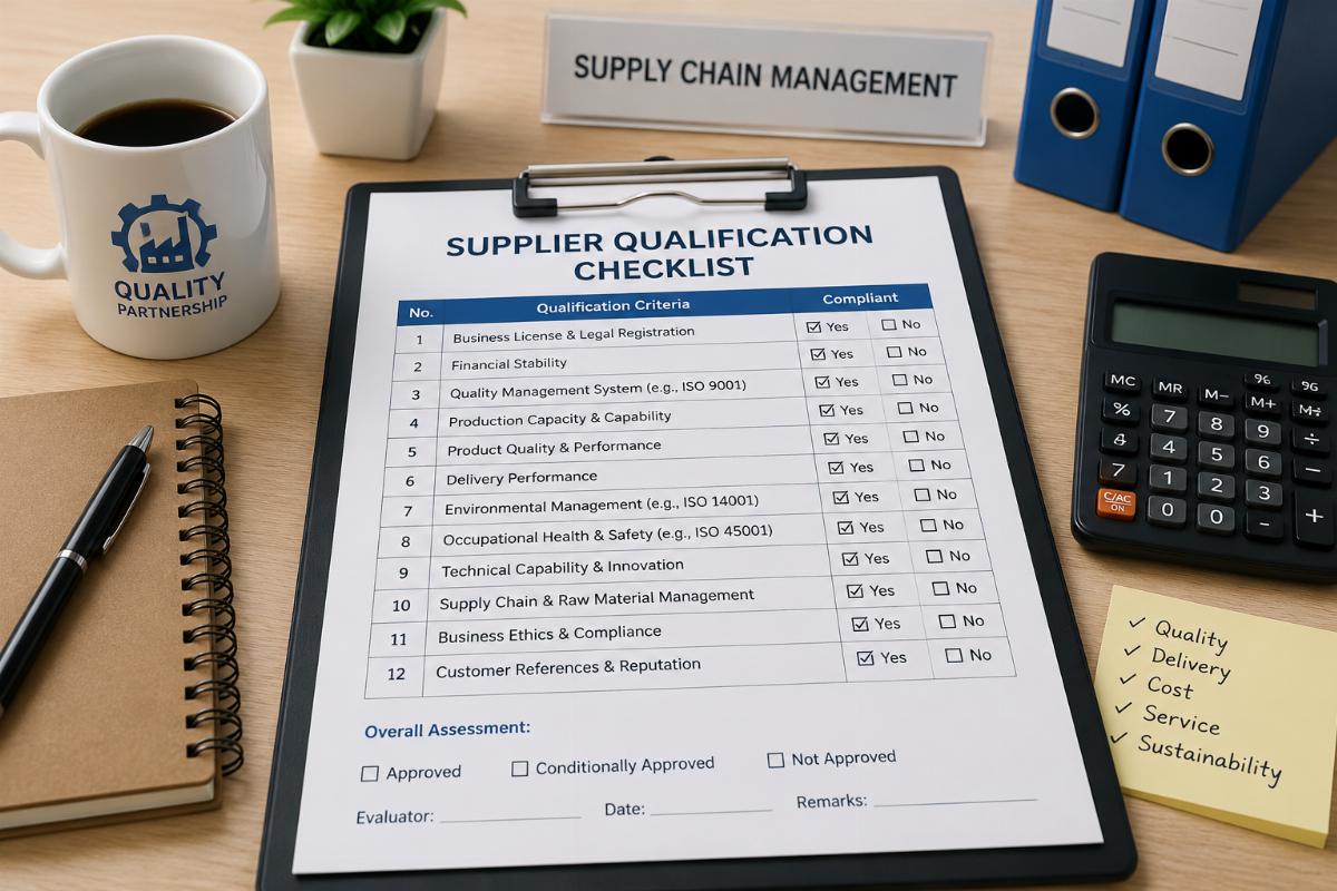 Supplier qualification checklist Checklist of supplier qualification criteria displayed on a factory office desk