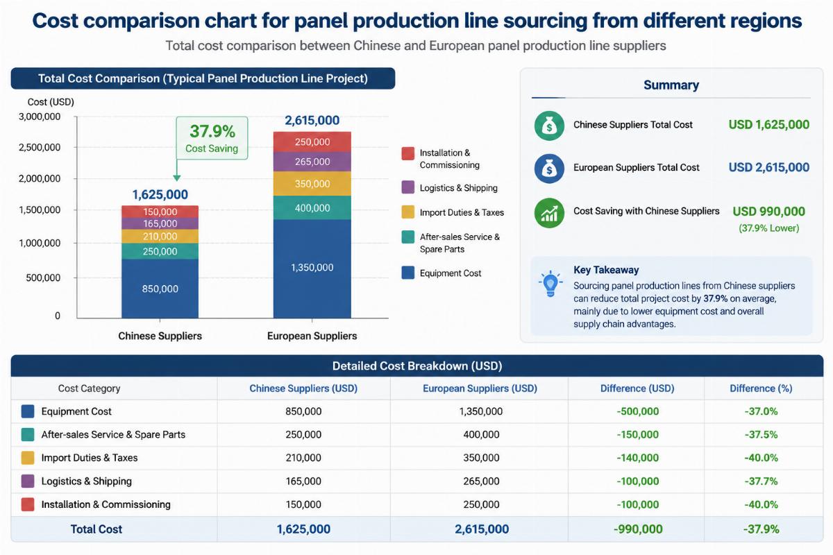 Total cost comparison between Chinese and European panel production line suppliers Cost comparison chart for panel production line sourcing from different regions