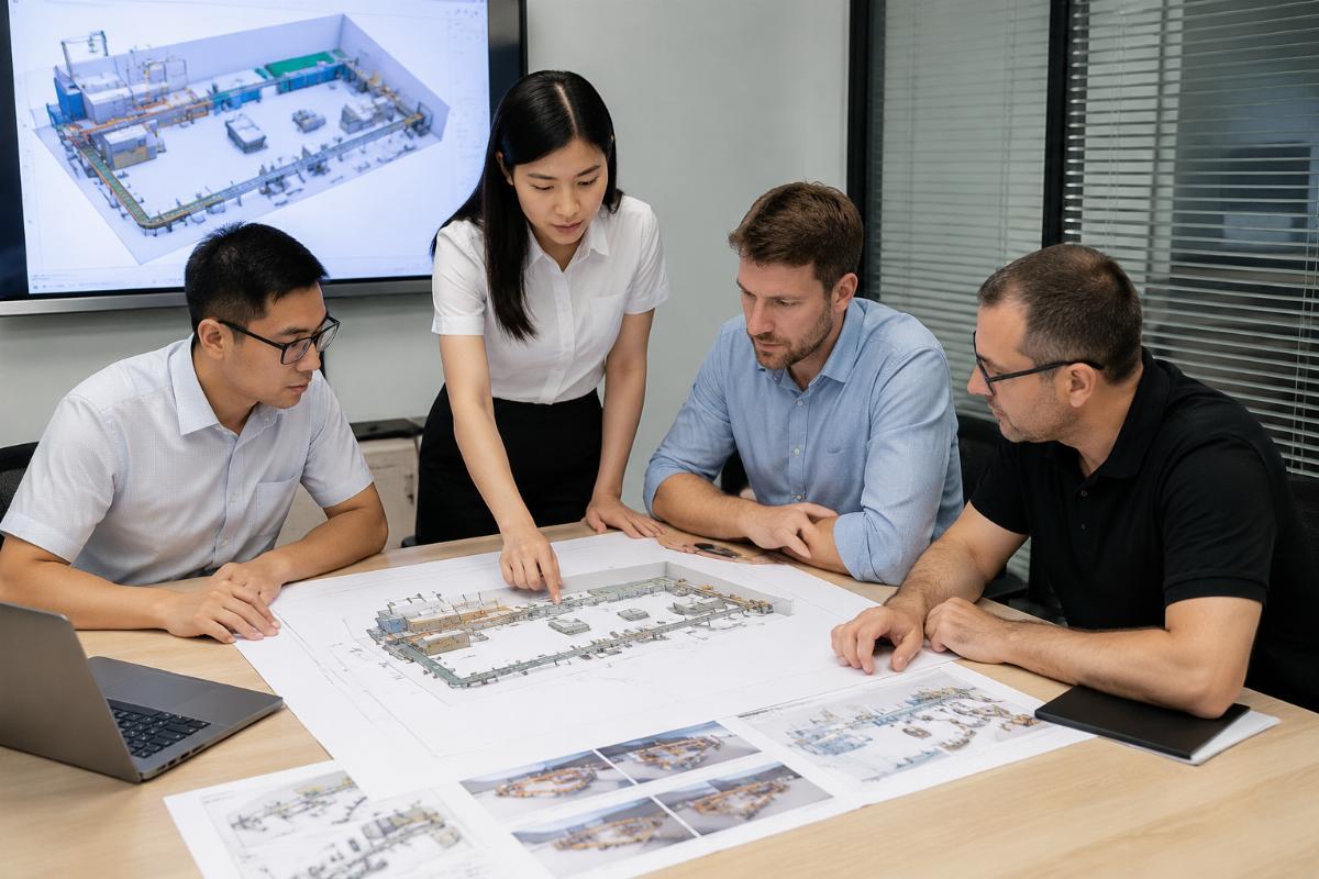 turnkey custom furniture production line supplier support A supplier team reviewing 3D production line layout plans with an international client