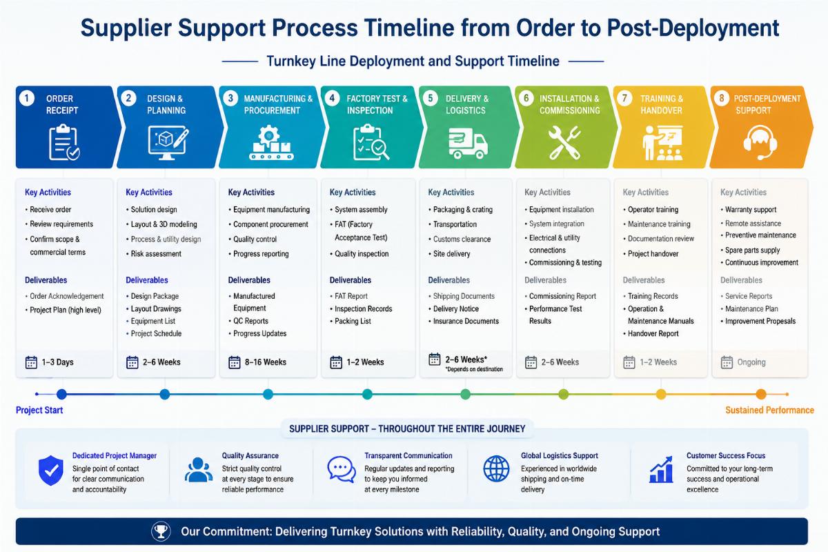 Turnkey line deployment and support timeline Supplier support process timeline from order to post-deployment
