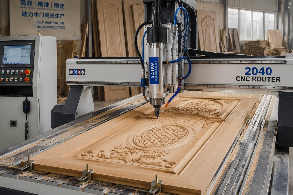 water cooled spindle CNC router for high volume door production 5.5kW water cooled spindle installed on a 2040 CNC router running continuous wood door engraving operations