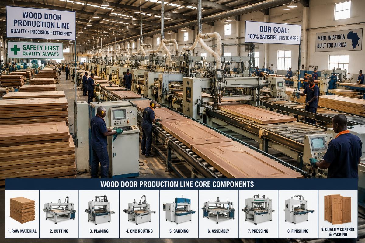wood door production line core components A complete wood door production line running at full capacity in an African manufacturing facility